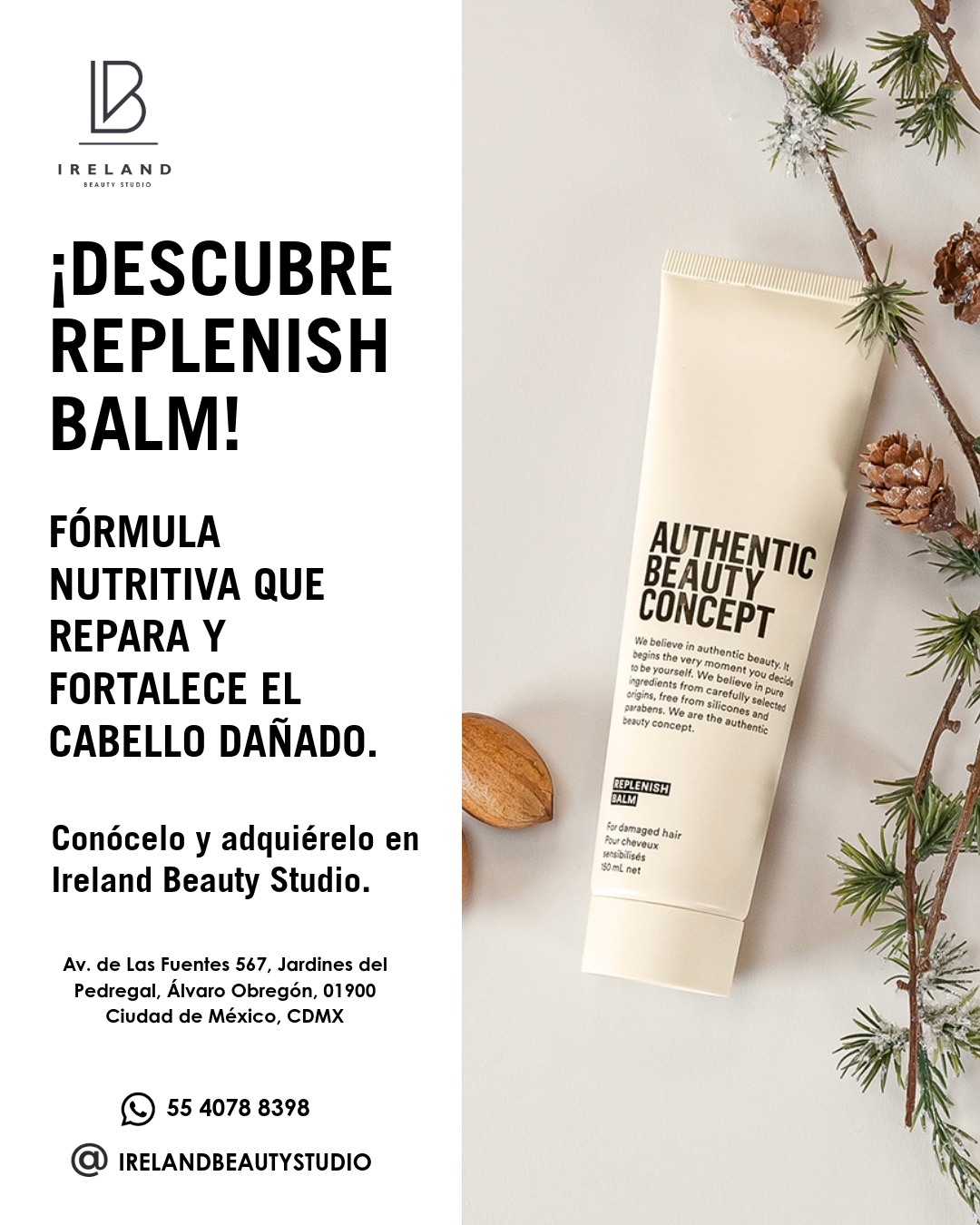 ¡Devuélvele la vida y la fuerza a tu cabello dañado con REPLENISH BALM de @authenticbeautyconcept.mx ! 💚 Ya lo puedes encontrar en Ireland Beauty Studio.

Este bálsamo intensamente nutritivo es el aliado perfecto para reparar, fortalecer y regenerar profundamente los cabellos más sensibilizados. Ayuda a sellar la cutícula y devuelve la suavidad y el brillo natural a tu melena.

Al igual que toda la línea Authentic Beauty Concept, su fórmula es completamente libre de siliconas, aceite mineral y parabenos, garantizando un cuidado consciente y puro.

¡Ven a Ireland Beauty Studio y transforma tu cabello!

📲 +52 1 55 4078 8398
📍 Av. de Las Fuentes 567, Jardines del Pedregal, Álvaro Obregón, 01900 Ciudad de México, CDMX

#authenticbeautymovement #movimientodebellezaauténtica #authenticbeauty #pureformulas #authentichair