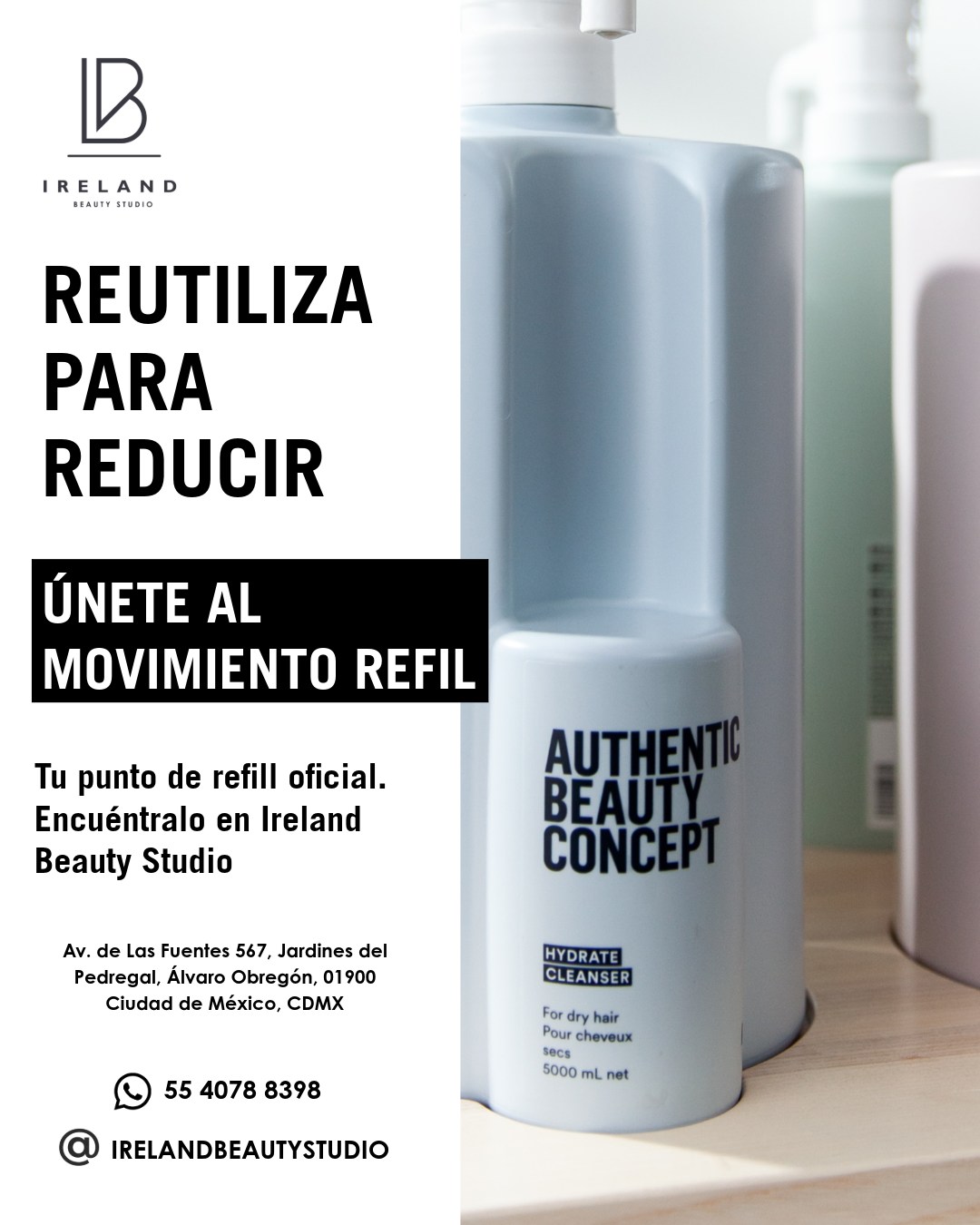 La belleza consciente empieza con pequeñas acciones. 🌱✨

Cuidamos de ti y del planeta. Por eso, te invitamos a unirte al movimiento de sustentabilidad con los increíbles productos de @authenticbeautyconcept.mx .

¿Cómo funciona tu experiencia refill en Ireland Beauty Studio?
1️⃣ Adquiere tu producto favorito con nosotros.
2️⃣ Disfrútalo y consiente tu cabello en casa.
3️⃣ ¡No tires el envase! Tráelo de regreso al estudio y rellénalo. ♻️

Dale un respiro al planeta sin comprometer la calidad de tu rutina de belleza. ¡Súmate al cambio!

📍 Te esperamos en Av. de Las Fuentes 567, Jardines del Pedregal.
📲 WhatsApp: 55 4078 8398

#IrelandBeautyStudio #MovimientoRefill #AuthenticBeautyConcept #BellezaSustentable #PedregalCDMX